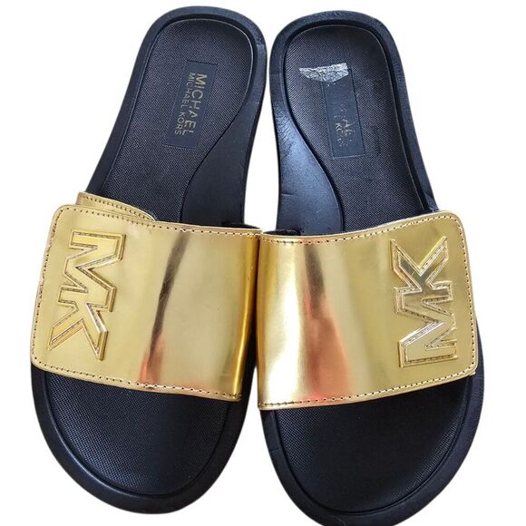 Michael Kors Gold Slip On Sandals Slides Girls 6 / Boys 5 Black Cushion Sole Sum - Picture 1 of 5